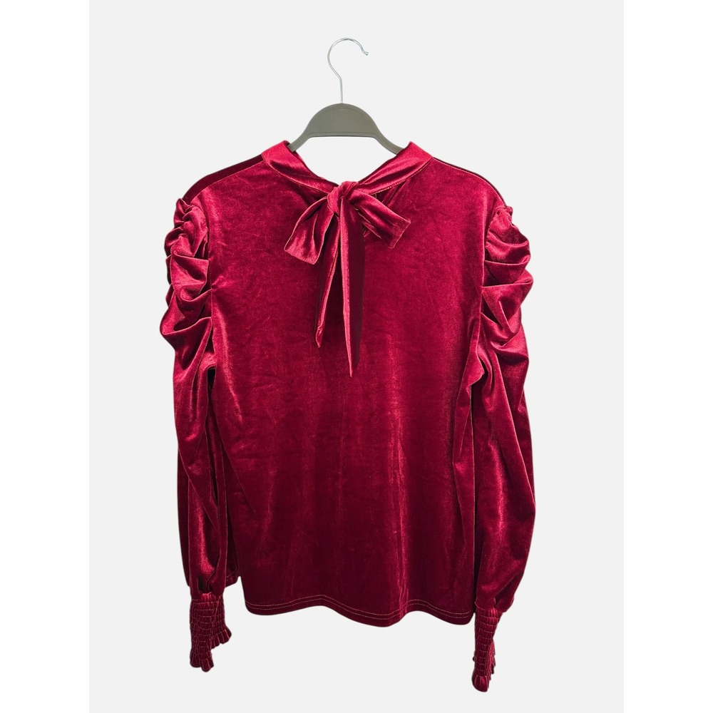 Red Velvet Puff Sleeve Blouse High Neck Tie Back Smocked Cuff Top Medium - Picture 2 of 6